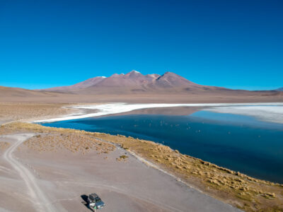 Aerial view of Andean lagoon in southwestern Bolivia during Salar de Uyuni Travel Sky Road Experience